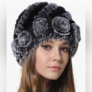 Faux Fur Rose Accent Beanie Hat - Gray